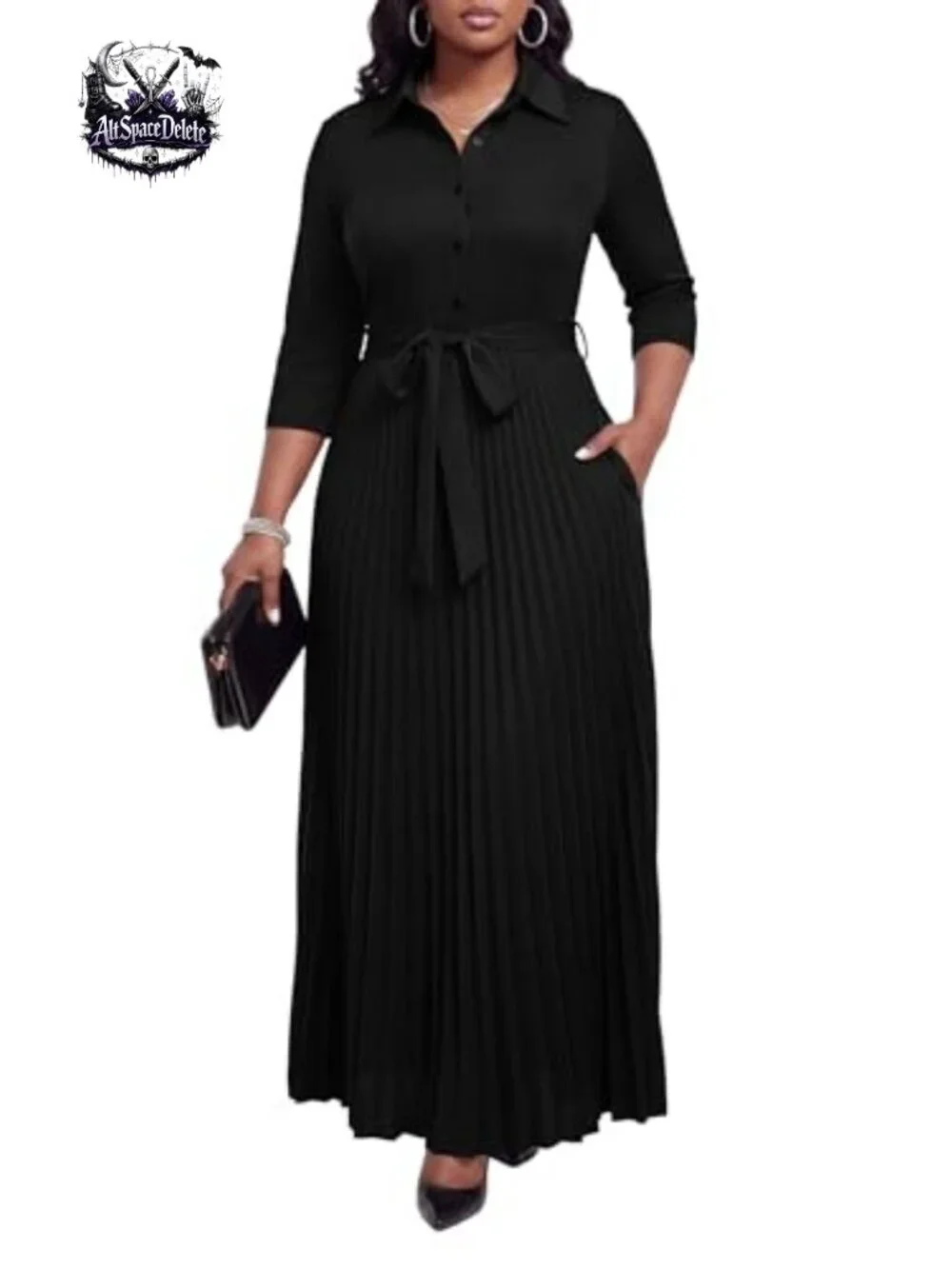 Runwind Women's Maxi Dress 3/4 Sleeve Button Down Pleated Church Work Dress